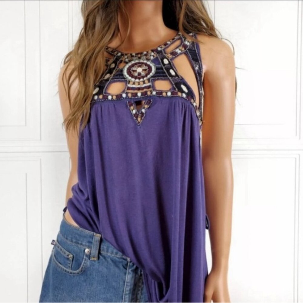 Free People Vision Quest Embroidered Tunic Top  Size Large EUC